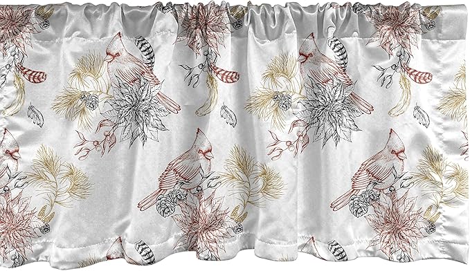 Lunarable Cardinal Bird Window Valance, Creative Vintage Pattern with Leaves Plants Pine Cones, Curtain Valance for Kitchen Bedroom Decor with Rod Pocket, 54" X 18", Vermilion Black