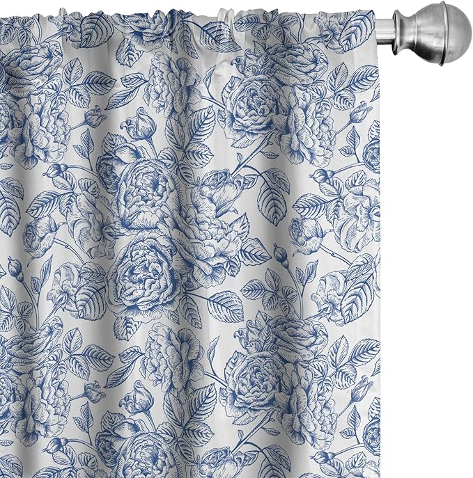 Ambesonne Rose Window Curtains, Vintage Design of Monochromatic Flowers with Leaves Drawing, Lightweight Decorative Panels Set of 2 with Rod Pocket, Pair of - 28" x 63", Pale Blue