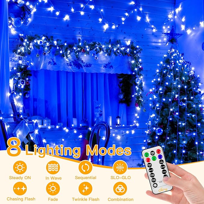 Ollny Blue Christmas Lights Waterproof, 400LED 131FT String Lights with Remote 3 Timer, Plug in 8 Modes Fairy Light for House Xmas Tree Bedroom Indoor Outside Decorations
