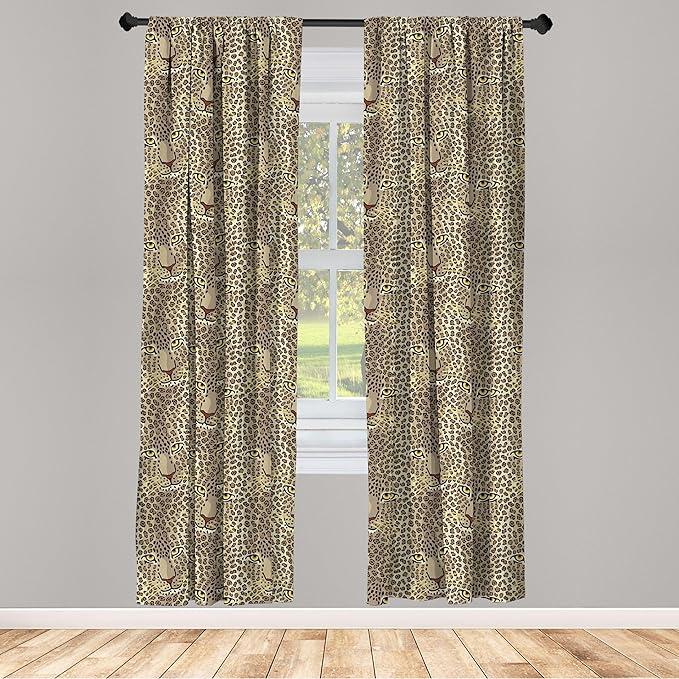 Ambesonne Leopard Print Curtains, Repetitive Cartoon Leo Wild Big Cat Faces in Natural Earthy Tones, Window Treatments 2 Panel Set for Living Room Bedroom, Pair of - 28" x 95", Tan