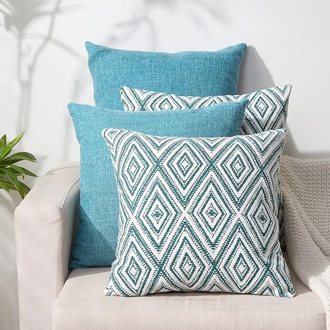 HPUK Decorative Throw Pillow Covers Set of 4 Geometric Design Linen Cushion Cover for Couch Sofa Living Room, 20"x20" inches, Aqua Blue
