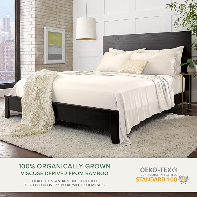 Pure Bamboo Queen Sheets, Genuine 100% Organic Viscose Derived from Bamboo Bed Sheet Set, Luxuriously Soft & Cooling, Double Stitching, 2 Year Quality Promise (Queen, Ivory)