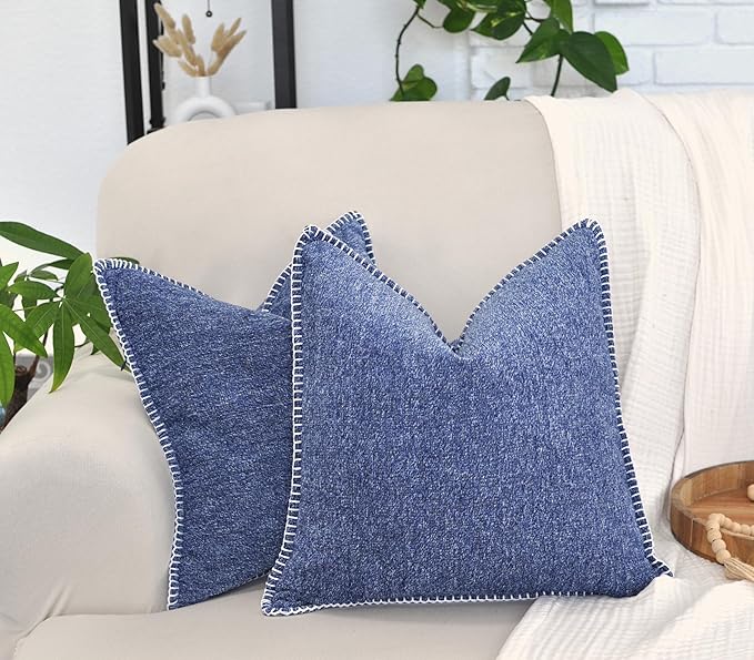 18x18 Pillow Covers Navy Blue Set of 2 Decorative Pillow Covers Square Textured Soft Cozy Chenille Cushion Covers with Blanket Stitch Hemmed Trim Decorative Edge for Living Room Sofa Bed
