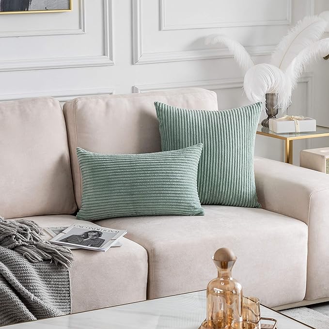 Home Brilliant 24x24 Spring Pillow Cover Large Euro Sham Striped Solid Corduroy Decoration Throw Pillow Cover for Couch Bed Living Room Decor, 24 inch (60cm), Iceberg Green