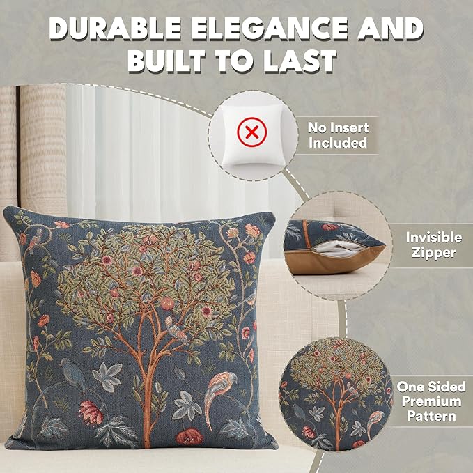 Charlotte Home Furnishings Decorative Tapestry Pillow Cover 19x19 in, Blue Kelmscott Couch Throw Pillow Cover, French Country Square Cushion Cases for Bed Room Home Decor, Soft Cotton Jacquard Woven