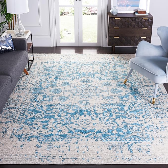 SAFAVIEH Madison Collection Area Rug - 9' x 12', Teal & Ivory, Snowflake Medallion Distressed Design, Non-Shedding & Easy Care, Ideal for High Traffic Areas in Living Room, Bedroom (MAD603J)