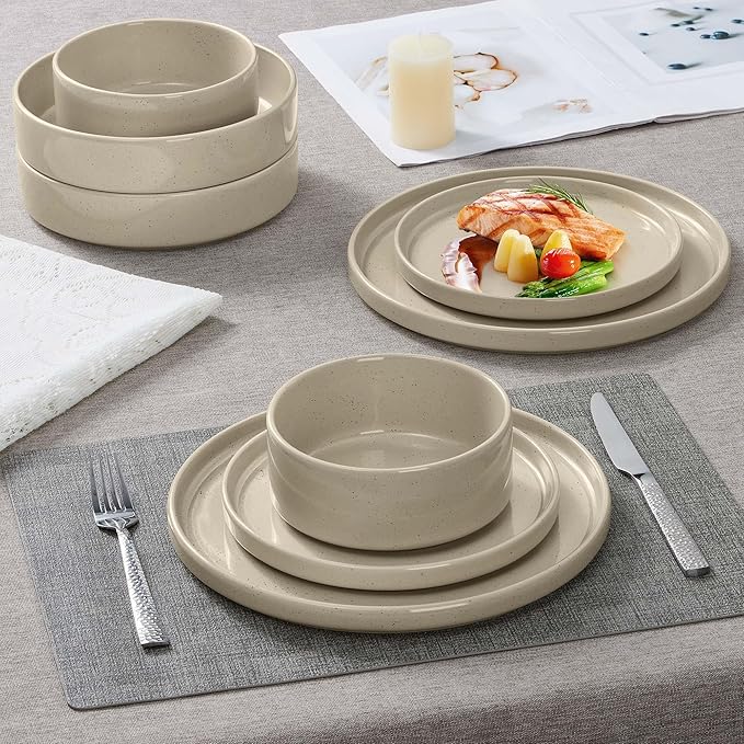 Herogo 8 Piece Dinnerware Sets with Double Bowls, Ceramic Dinner Dishware for 2, Stoneware Plate and Bowls Set for Kitchen Dining, Microwave & Dishwasher Safe, Speckled Khaki