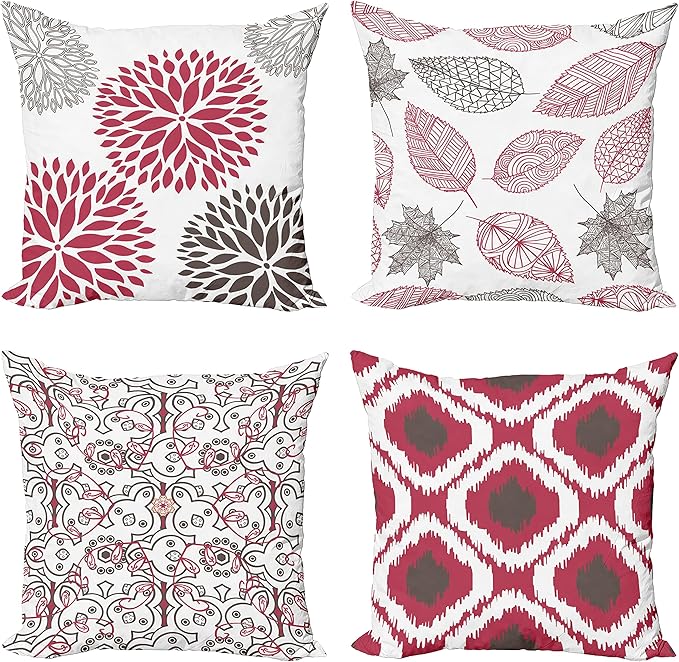 Ambesonne Vintage Throw Pillow Cushion Case Pack of 4, Bohemian Ornamental Leaves Dahlia Pattern Geometric Art Curlicue Motif, Modern Accent Double-Sided Digital Printing, 24", Raspberry Taupe White