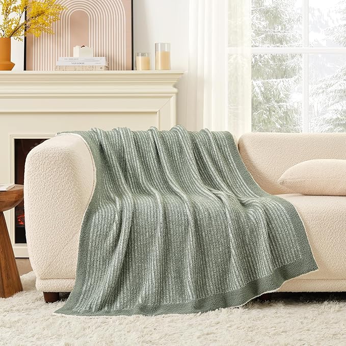 Snuggle Sac Warm Throw Blanket for Couch, Fuzzy Microfiber Knit Stripe Blankets for Couch, Sofa, Travel, Green Cream, 50x60 inches