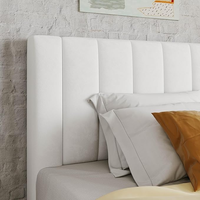 Allewie Twin Bed Frame/Velvet Upholstered Bed Frame with Vertical Channel Tufted Headboard/Strong Wooden Slats/Platform Bed Frame/Mattress Foundation/Box Spring Optional/Easy Assembly/White