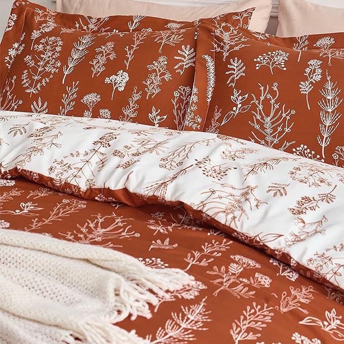 Bedsure Full Comforter Set - Terracotta Bed Set, 3 Pieces Cute Floral Bedding, 1 Soft Reversible Botanical Flowers Comforter and 2 Pillow Shams