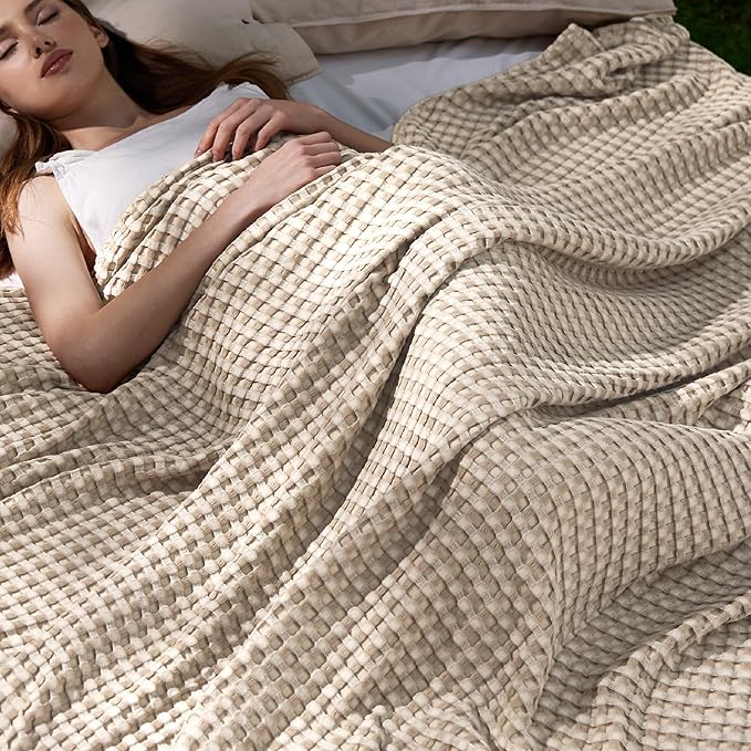 Bedsure Cooling Cotton Waffle Full Size Blanket - Lightweight Breathable Blanket of Rayon Derived from Bamboo for Hot Sleepers, Luxury Throws for Bed, Couch and Sofa, Taupe, 80x90 Inches
