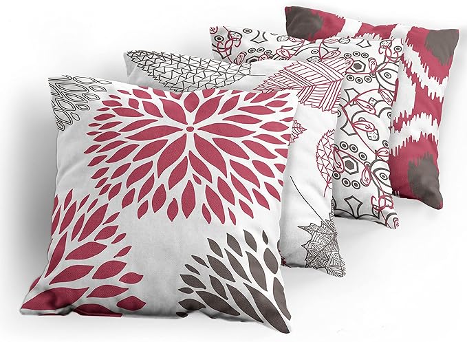Ambesonne Vintage Throw Pillow Cushion Case Pack of 4, Bohemian Ornamental Leaves Dahlia Pattern Geometric Art Curlicue Motif, Modern Accent Double-Sided Digital Printing, 16", Raspberry Taupe White