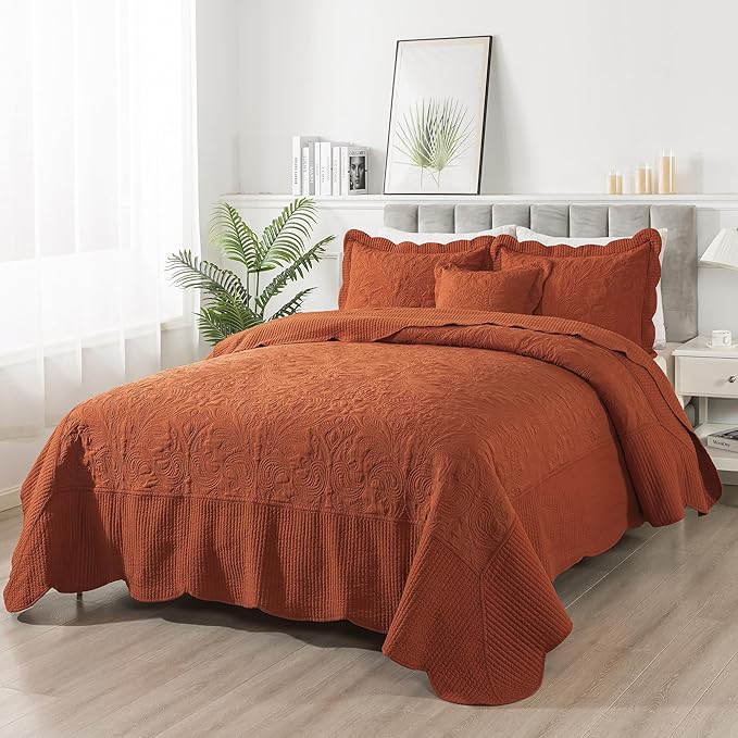 HoneiLife Oversized King Bedspreads - California King Quilt 128x120, 4-Piece Cal King Quilt Sets,Rustic Bedding Sets King Size,Extra Large Coverlets Lightweight Bed Cover for All Season Use-Rust