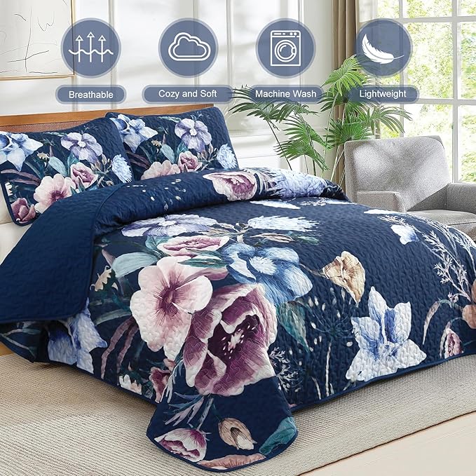 Drucon Blue Floral Quilt Set King Size 3 Pieces Blue Botanical Flower Quilt Coverlet Set Soft Microfiber Lightweight Quilted Bedspread for All Season 104"x90"