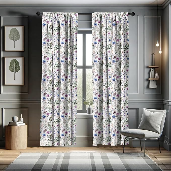 Ambesonne Thistle Window Curtains, Hand-Drawn Watercolor Style Summer Wildflowers Pattern as Cornflower and Thistle, Lightweight Decor 2-Panel Set with Rod Pocket, Pair of - 28" x 95", Green Blue
