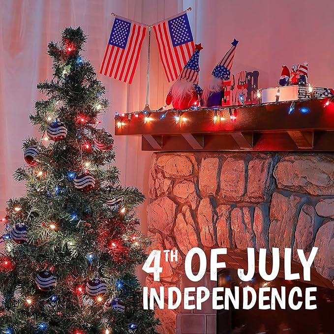 50 Count Red White and Blue Mini String Lights with Green Wire,Connectable 13ft 120V Waterproof 4th of July Patriotic Incandescent Lights, Independence Day Lights for Outdoor Indoor Decor