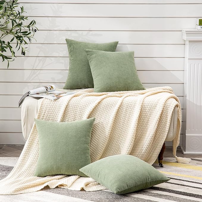 GAWAMAY Decorative Square Throw Pillow Covers 18"x18" Inch Set of 4, Super Soft Chenille Pillows Farmhouse Fall Pillowcase for Living Room Bedroom Sofa Couch Cushion Cover Sage Green 45x45cm