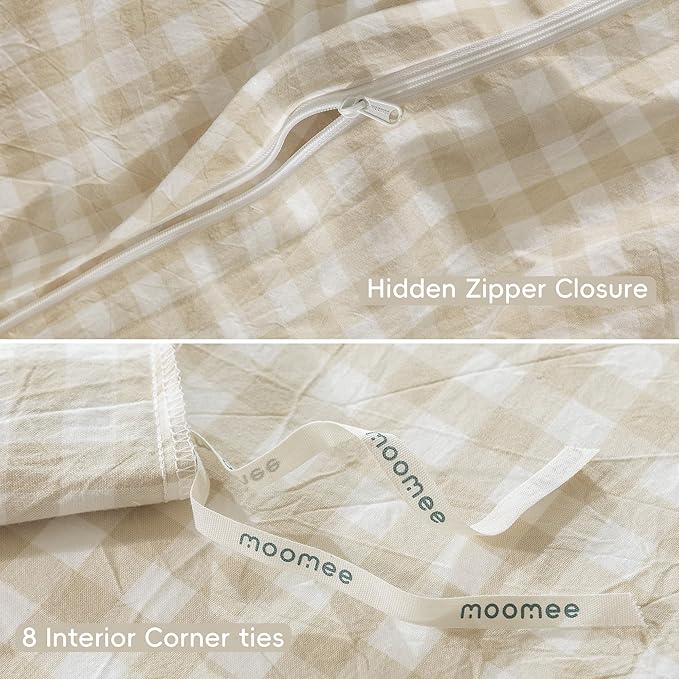 MooMee Gingham Duvet Cover Set 100% Washed Cotton Linen Like Textured Breathable Durable Soft Comfy Modern Checkered Design (Almond Milk Grey Gingham, Oversized Queen 98"x98")