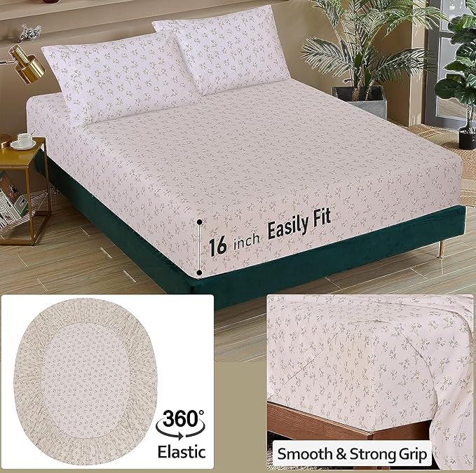 RUVANTI 100% Cotton Split King Sheets Sets for Adjustable Bed, 5 PCs, Soft & Breathable Percale Weave Bedding, Deep Pocket 16", Hotel Standard, Crisp Cool Feel & Durable, Floral Sheet, Twin Spring