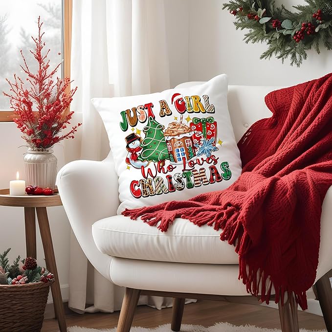 Just a Girl Who Loves Christmas Pillow Covers 18x18, Trendy Xmas Pillow Covers for Couch, Christmas Decorations for Living Room, Bedroom Home