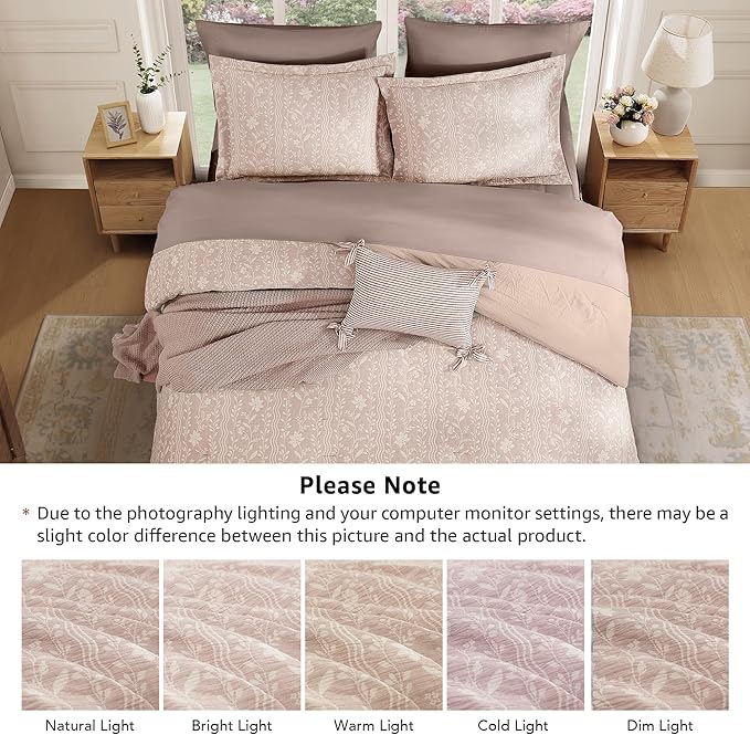 Full Comforter Set -7 Pieces Botanical Almond Pink Comforter Set for All Seasons, Bed in a Bag Full with Flowers Floral Comforter, Sheets, Pillowcases & Shams