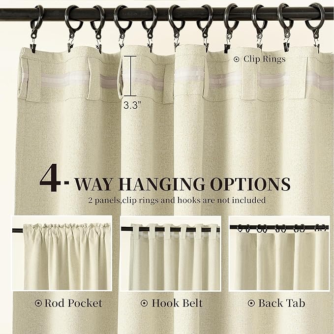 KangBang Extra Long Blackout Linen Ceiling Curtains 108 Inches Long, Sun Blocking Linen Curtains in Soft Cream Ivory, Noise Reducing Black Out Drapes for Large Window Track System,52x108 Inch,2PCs