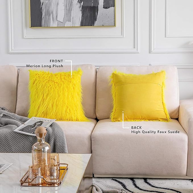 Home Brilliant Yellow Fur Spring Pillow Covers Furry Fuzzy Accent Throw Pillow Covers Decorative for Couch Sofa Bed Holiday Fall Winter Decoration Girl Gift, Set of 2 (18 x 18 Inch, Yellow)