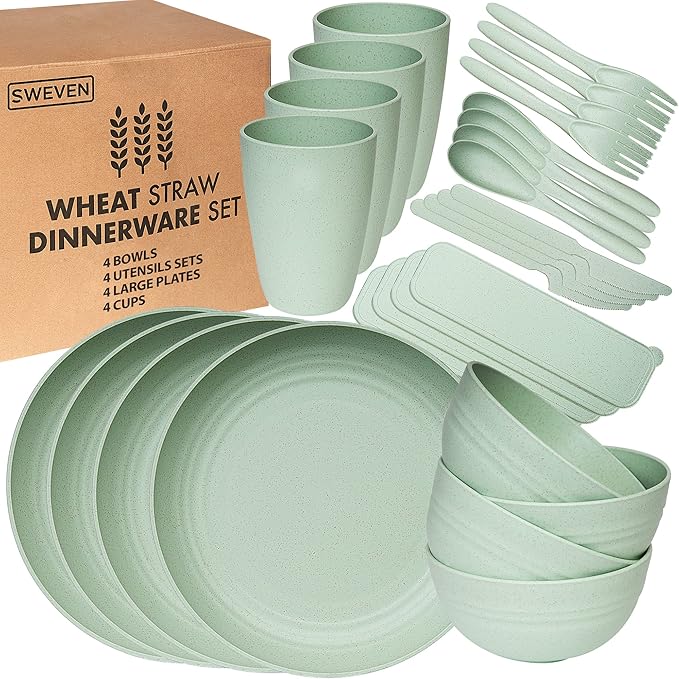 Wheat Straw Dinnerware Sets | Unbreakable Dinnerware Sets | Dishwasher Microwave Safe Dinnerware | Eco Friendly Non Breakable Dinnerware Sets | RV Outdoor Camping (Green, Service for 4 (28 pcs))