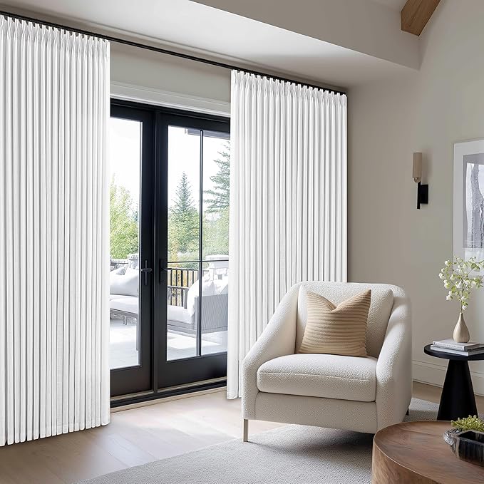 Pinch Pleat Linen Curtains 108 Inches Long 70 Inch Wide for Patio Sliding Door Light Filtering Semi Sheer Pleated Drapes Back Tab White Farmhouse Extra Wide 70 x 108 Curtain for Living Dining Room
