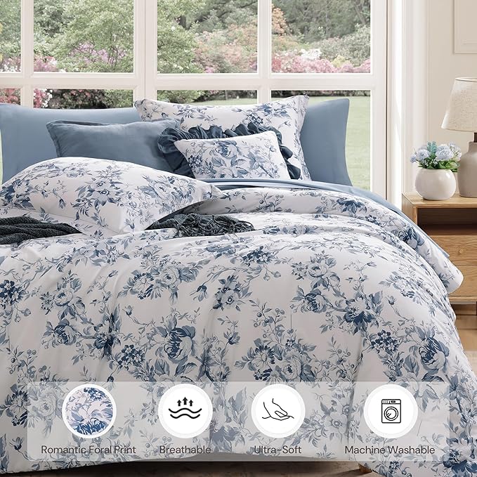 Full Comforter Set -7 Pieces Floral Blue Comforter Set for All Seasons, Bed in a Bag Full with Botanical Flowers Comforter, Sheets, Pillowcases & Shams