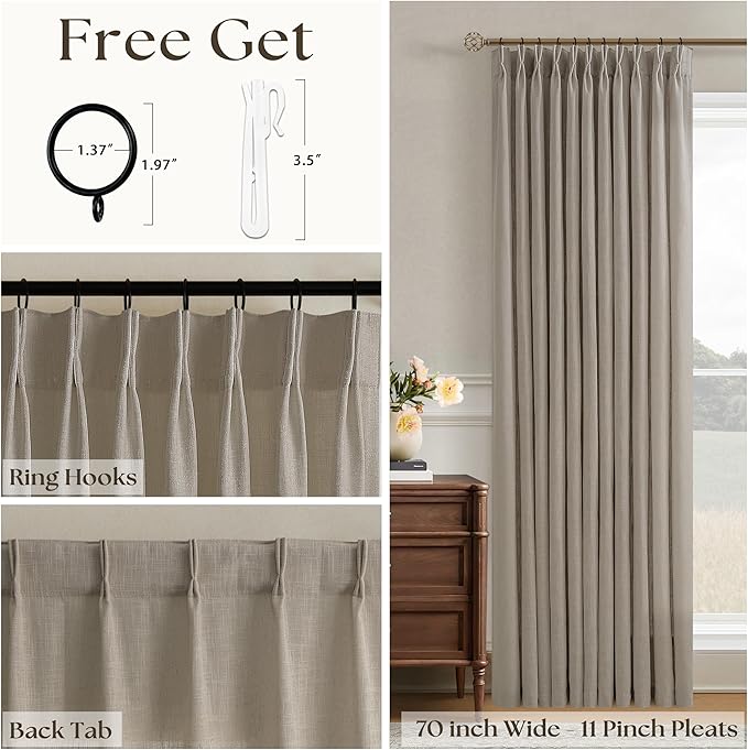 Pinch Pleated Linen Curtains 96 Inches Long 70 Inch Width Light Filtering Window Curtains 96 Inch Living Room Bedroom Pinch Pleat Drapes Patio Door Large Window Taupe Burlywood Birch 1 Panel 70Wx96L