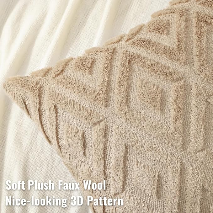 decorUhome Couch Throw Pillow Covers 22x22 Set of 2, Decorative Soft Plush Faux Wool Neutral Accent Pillow Covers for Bed Sofa Living Room, Light Khaki