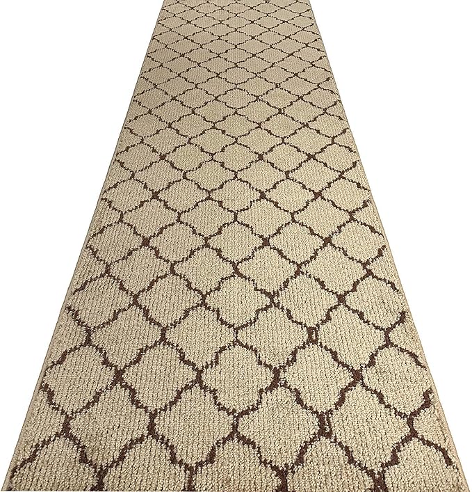Custom Size Modern Runner Rug Carpet for Hallway Entryway Foyer Kitchen, Slip Resistant Latex Rubber Backed 31 inch Wide X Customized Length, Trellis Beige, 31 inch X 14 feet