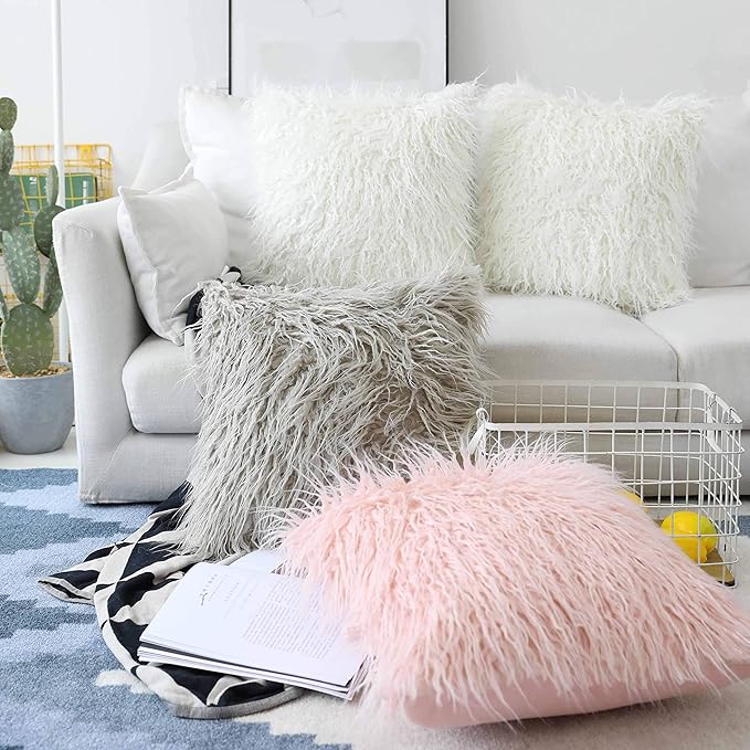 Home Brilliant Pillow Covers 18x18 Set of 2 Decorative Throw Pillow Case Mongolian Faux Fur Cushion Cover, 45x 45cm, Light Grey