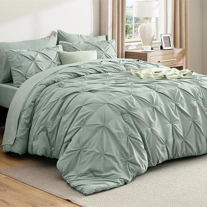 Bedsure Queen Comforter Set Sage Green - Bed in a Bag Queen Size Bedding 7 Pieces, GentleSoft™ Pintuck Bed Set Gift for Family, Pinch Pleat All Season Comforter with Sheets, Pillowcases & Shams