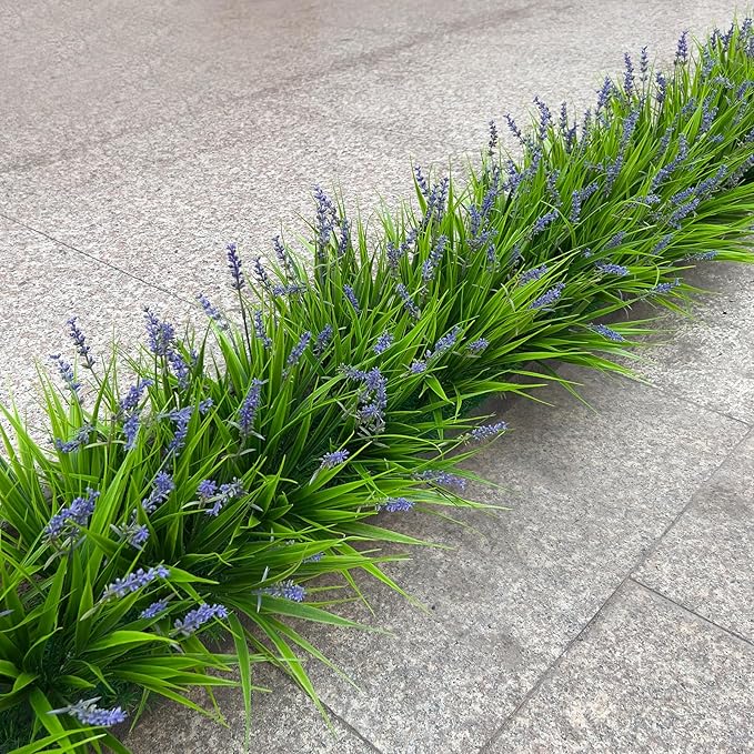 Fake Outdoor Plants Artificial Monkey Grass 12 Bundles Purple Faux Flowers for Outdoors Plastic Plant Outside Porch Patio Yard Planters Window Box Decor (12 Bundles Purple Monkey Grasses)