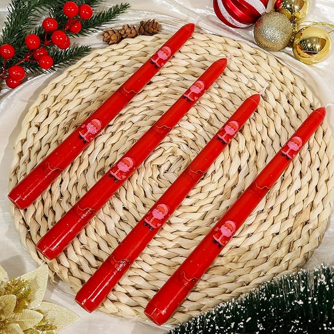 2 Pack Christmas Taper Candles, 10 Inch Unscented Candlesticks with Santa and Sleigh for Holiday Table Centerpiece, Fireplace Mantel, Advent Wreaths, Winter Weddings, Seasonal Home Decor