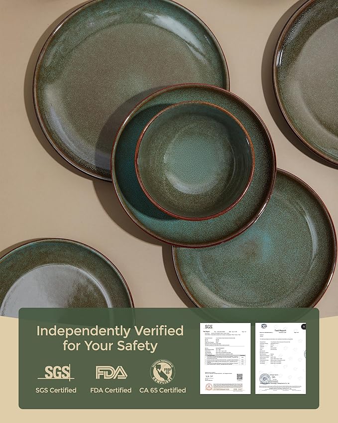 16 Piece Double Bowl Dinnerware Sets with Pasta Bowls, Highly Chip and Crack Resistant Plates and Bowls Sets, Natural Earthyware Ceramic Dishware Sets, Service for 4 Sage Green