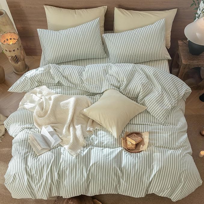 MooMee Striped Duvet Cover Set 100% Washed Cotton Linen Like Textured Breathable Durable Soft Comfy (Sage Green White Classic Stripes, Alaska King 132"x120")