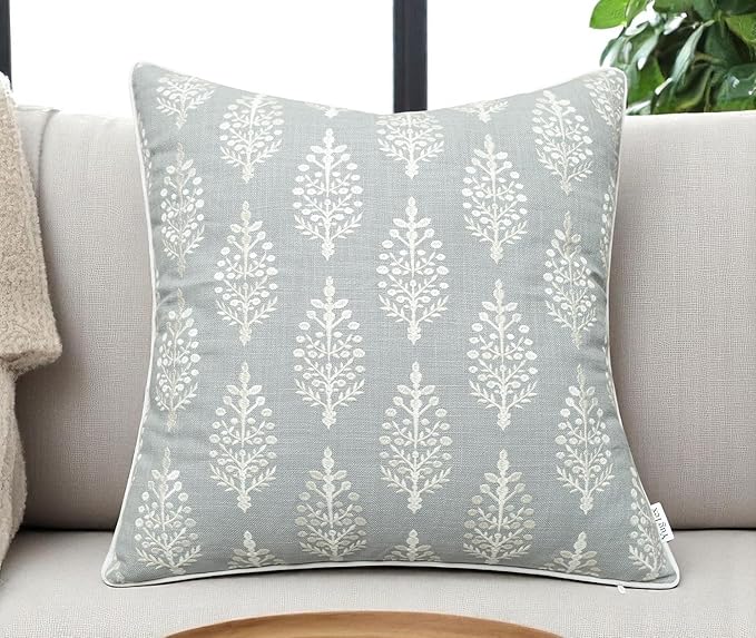 Chandni Paiseley Embroiderd Decorative Square Accent Throw Pillow Cover - Sofa, Chair, Couch, Bedroom, Living Room, Farmhouse Home Decor - 18x18 Inches-Robins Egg