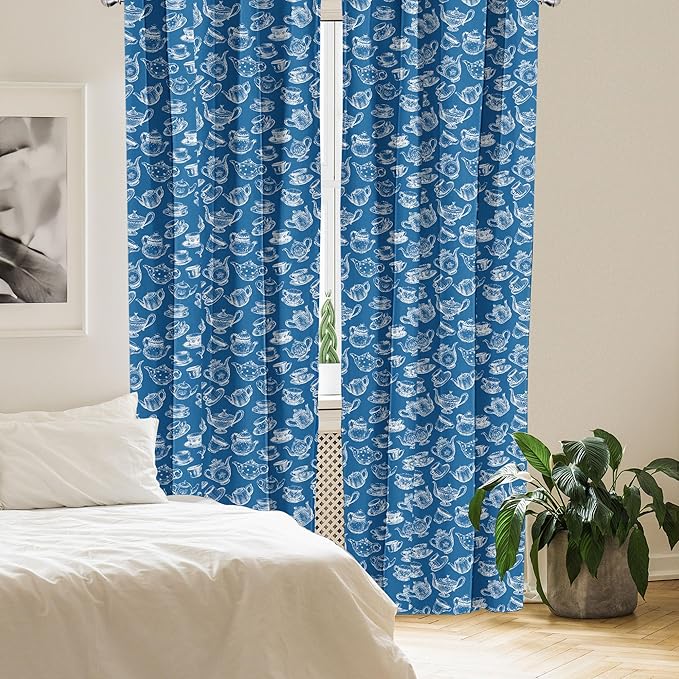Ambesonne Teapot Window Curtains, Rhythmic Engraving Sketch Style Dotted Pots Tea Vintage Cups Pattern, Lightweight Decor 2-Panel Set with Rod Pocket, Pair of - 28" x 95", Cobalt Blue and White
