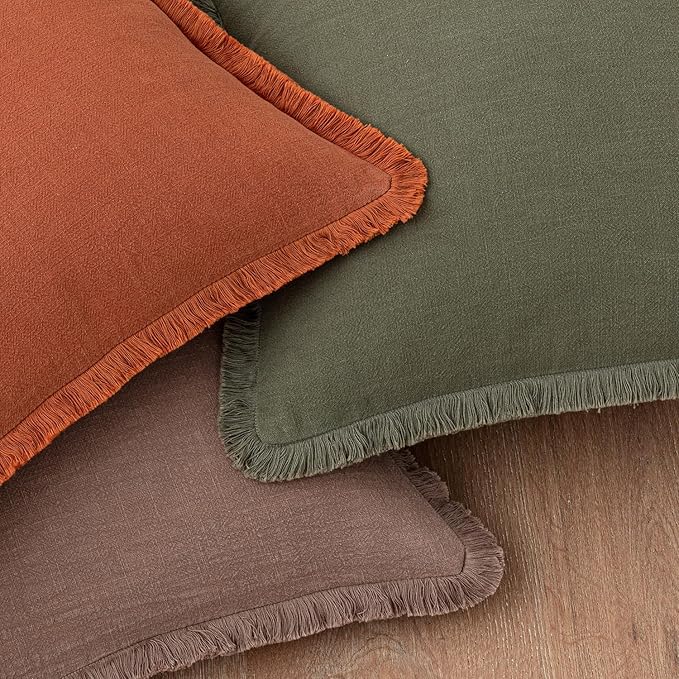 Woaboy Decorative Linen Fringe Throw Pillow Covers Boho Farmhouse Soft Euro Accent Pillowcases with Tassels for Bed Couch Sofa Living Room Bedroom,24x24 Inch Set of 2,Dark Coffee