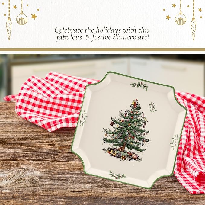 Spode Christmas Tree Canape Plate - 8" Holiday Serving Dish for Appetizers, Desserts, Treats - Fine Porcelain with Red Border, Dishwasher Safe - Ideal Christmas Tableware