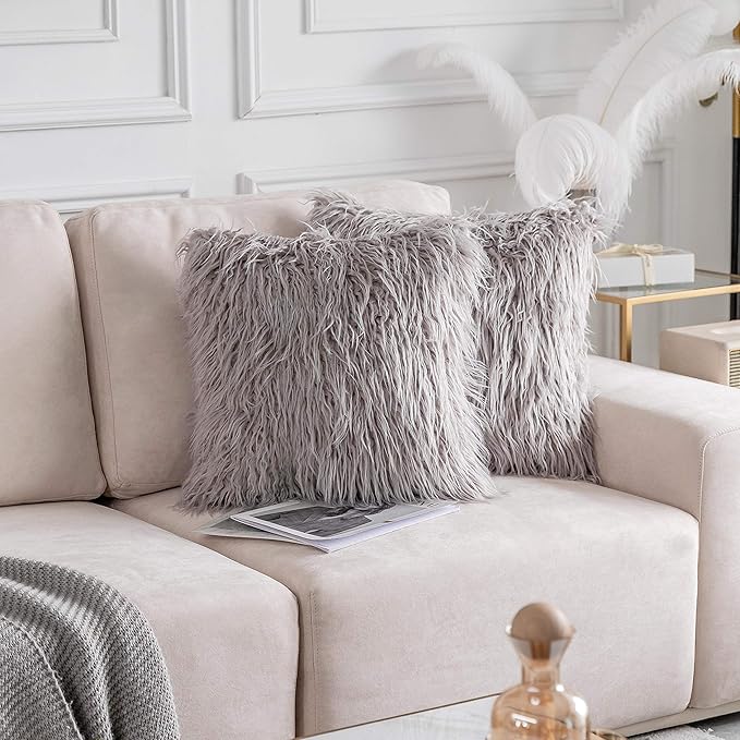 Home Brilliant Pillow Covers 18x18 Set of 2 Decorative Throw Pillow Case Mongolian Faux Fur Cushion Cover, 45x 45cm, Light Grey