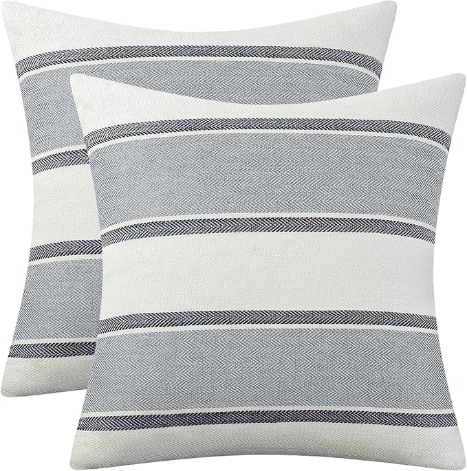 AmHoo Pack of 2 Farmhouse Linen Throw Pillow Cover Cushion Stripe Decoration Buffalo Retro Pillowcase with Hidden Zipper for Sofa Bedroom Car 16 x 16 Inch Light Grey Gray