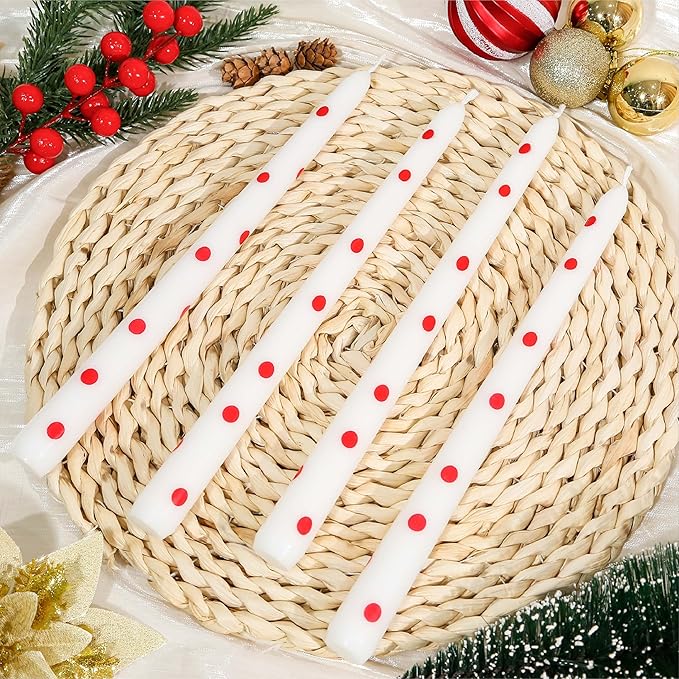 2 Pack Christmas Taper Candles, 10 Inch Unscented Candlesticks with Red Polka Dots for Holiday Table Centerpiece, Fireplace Mantel, Advent Wreaths, Winter Weddings, Home Decor