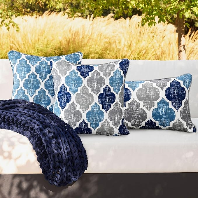 Beauoop Throw Pillowcover Soft Chenille Print Moroccan Geometric 2-Sided Pattern Blue and Gray Decorative Velvet Square Cushion Covers Standard Pillowcase Couch Sofa Bed Men/Women 18x18 Inch, Set of 2