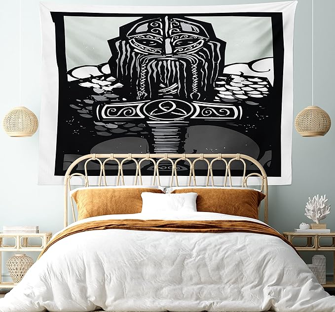 Lunarable Viking Tapestry, Thor Son of Odin Monochrome Design Guardian of Asgard Scandinavian Culture, Wide Wall Hanging for Bedroom Living Room Dorm, 80" X 60", Black White
