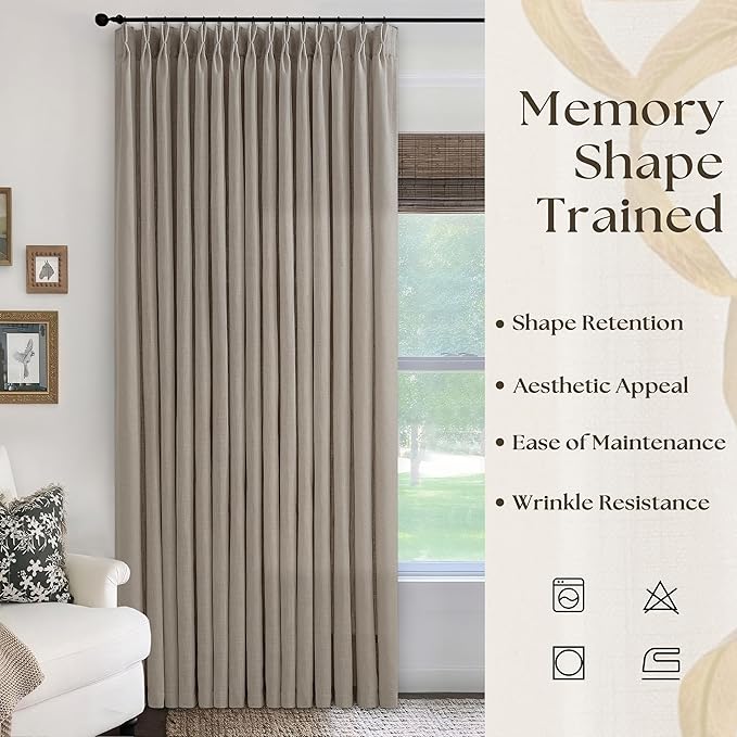 Extra Wide Pleated Curtains 108 Inches Long 100 Inch Width Patio Sliding Door Light Filtering Taupe Grey Beige Burlywood Birch Neutral Modern Neutral 100x108 Drapes Panels Living Dining Room 1 Panel
